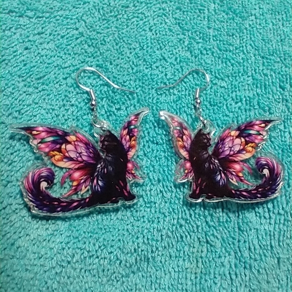 Colorful cat with angel wings black pink purple orange blue wire earrings gothic - Picture 4 of 4